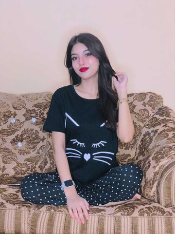 Black Meow Half Sleeves The Ultimate Dream wear Sleep Suit (OM-55)