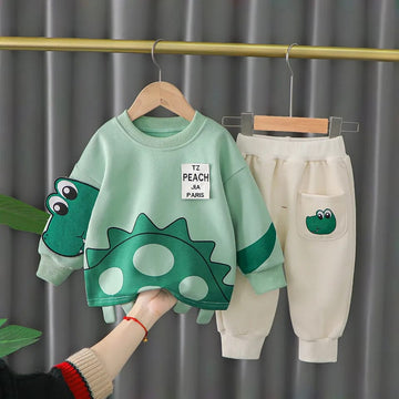 Green Dino Print Sweatshirt With Trouser Tracksuit For Kids (OM-608)