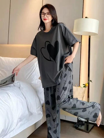 Grey Dual Heart Half Sleeves The Ultimate Dream Wear Sleep Suit (OM-65)