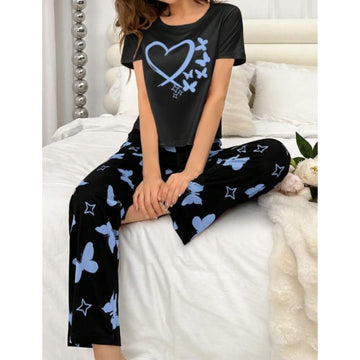 Black With Blue Butterflies Heart Printed The Ultimate Dream Wear Sleep Suit (OM-64)