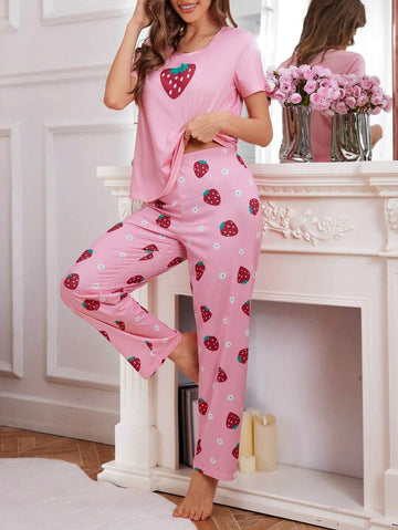 Pink Strawberry Half Sleeves The Ultimate Dream Wear Sleep Suit (OM-115)