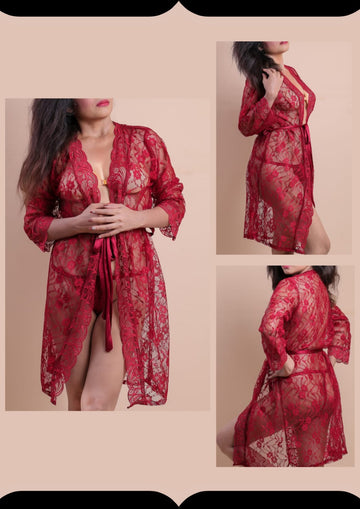 Maroon 2 PCS Laces Transparent Gown & Panty