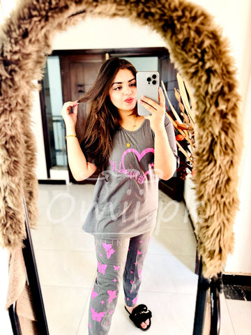 Grey with Pink Heart Print The Ultimate Dream wear Sleep Suit (OM-13)
