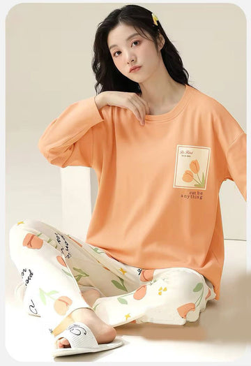 Orange Pocket Flower Printed Full Sleeves The Ultimate Dream Wear Sleep Suit (OM-100)