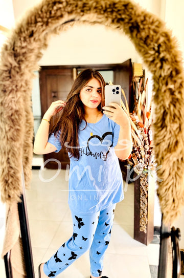 Light Blue Hearts Butterflies The Ultimate Dream wear Sleep Suit (OM-12)