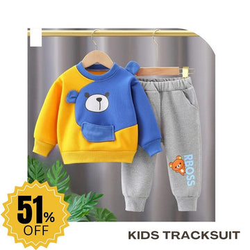 Yellow With Blue Bear Sweatshirt With Trouser Tracksuit For Kids (OM-603)