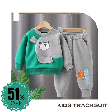 Green With Grey Bear Print Sweatshirt With Grey Trouser For Kids (OM-612)
