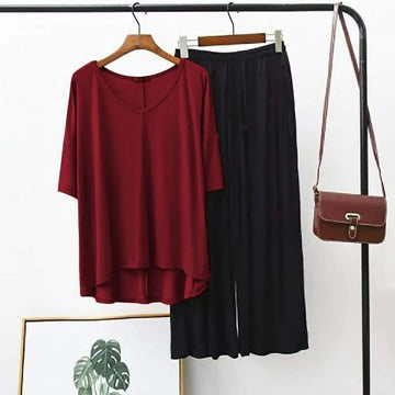 Maroon Plain Round Neck T-Shirt With Black Plazzo Pajama Suits (OM-113)