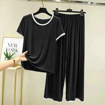 Black With White Pipin Neck And Sleeves Half Sleeves Suit (OM-116)