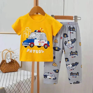 Baby or Baba Yellow Car Print Half Sleeves T-shirt With Printed Pajama Night Suit for Kids (1 Suit ) OM-210