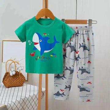 Baby or Baba Green Dolphin Print Half Sleeves T-shirt With Printed Pajama Night Suit for Kids (1 Suit ) OM-208