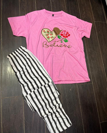 Pink Believe Printed Tshirt and Linning Trouser The Ultimate Dream Wear Sleep Suit (OM-81)