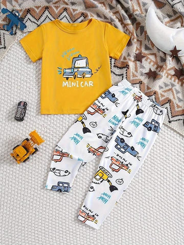 Yellow Mini Car with White Pajama Printed The Ultimate Kids Sleep Suit (OM-363)