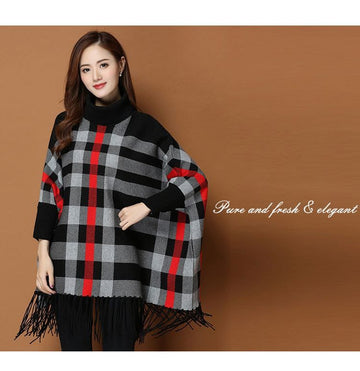 Black New Women's Checkered Bat-Wing Style Printed Fleece Poncho ( OM-819)