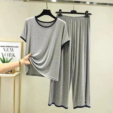 Grey With Black Pipin Neck And Sleeves Half Sleeves Suit (OM-103)
