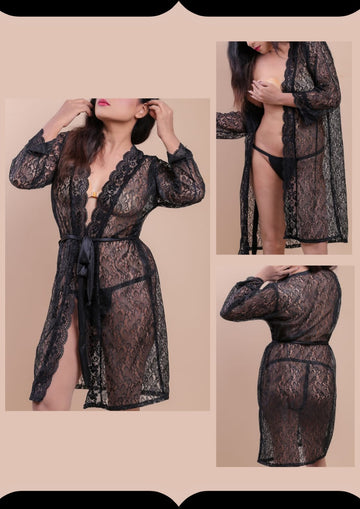 Black 2 PCS Laces Transparent Gown & Panty