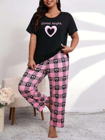 Black Good Night Print Half Sleeves With Hearts Check Trouser The Ultimate Dream Wear Sleep Suit (OM-108)