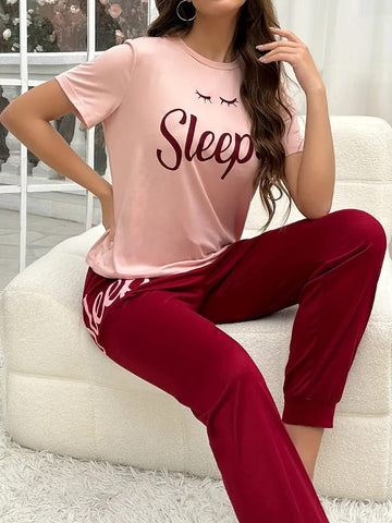 Pink Sleep Printed Tshirt with Maroon Trouser The Ultimate Dream Wear Sleep Suit (OM-89)
