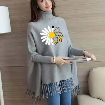 Sunflower Butterfly Women's Bat-Wing Style Printed Fleece Winter Poncho (OM-808)