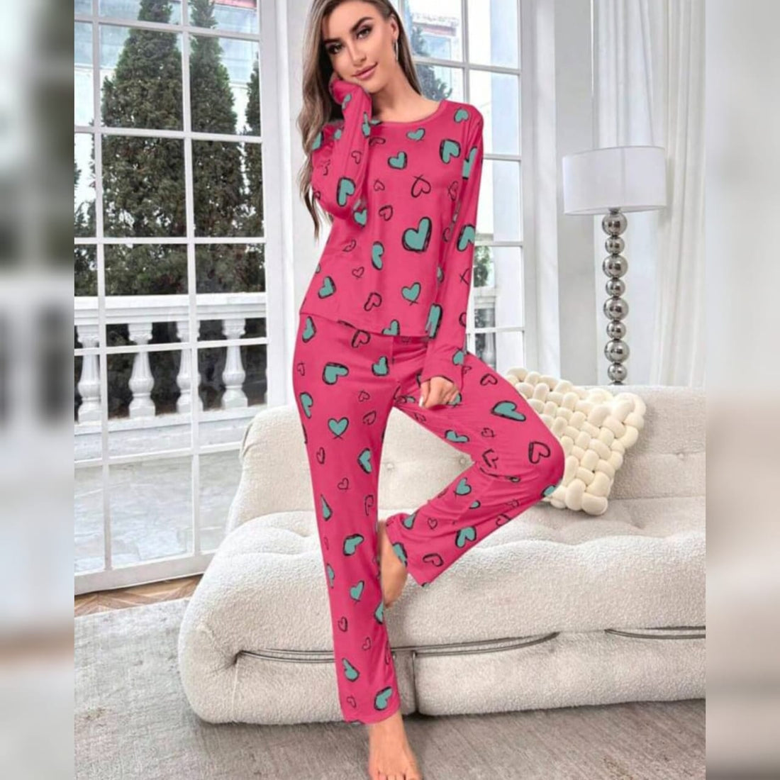 Shocking Pink with Green Hearts The Ultimate Dream Wear Sleep Suit (OM-77)