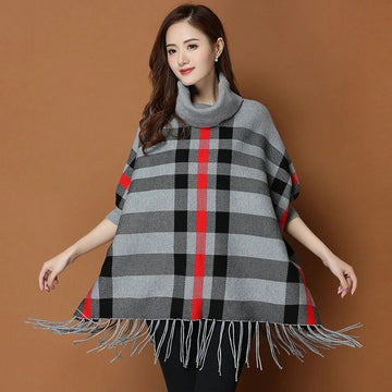Grey New Women's Checkered Bat-Wing Style Printed Fleece Poncho ( OM-820)