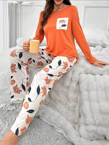 Orange Front Pocket Flower Full Sleeves The Ultimate Dream Wear Sleep Suit (OM-114)