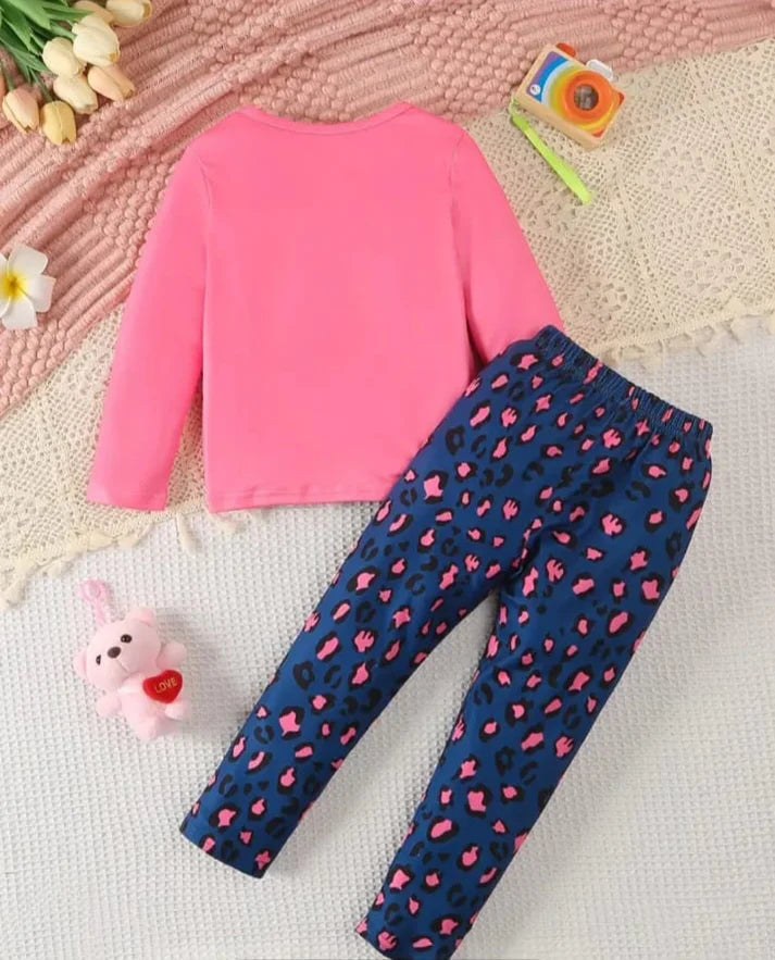 Shocking Pink Cute Kitty with Cheetha Pajama Printed The Ultimate Kids Sleep Suit (OM-375)