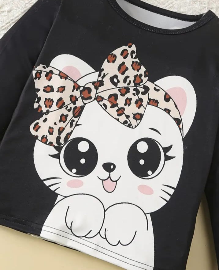 Black Cute Kitty with Cheetha Pajama Printed The Ultimate Kids Sleep Suit (OM-377)
