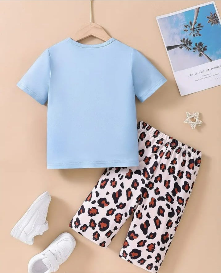 Sky Blue Cute Kitty Half Sleeves with Cheetha Pajama Printed The Ultimate Kids Sleep Suit (OM-376)