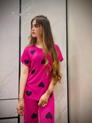 Shocking Pink Hearts Half Sleeves The Ultimate Dream wear Sleep Suit (OM-47)