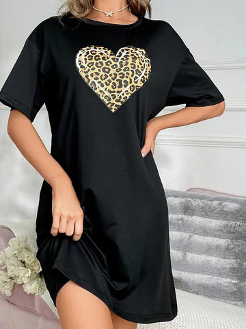 Black With Cheetah Heart Print Long Shirt For Her (OM-1106)