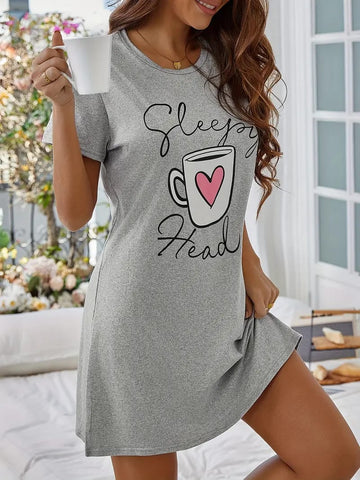 Grey With Sleepy Head Print Long Shirt For Her (OM-1111)