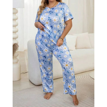 Sky Blue Flowers Print Half Sleeves T-Shirt With Flowers Print Trouser The Ultimate Dream Wear Sleep Suit (OM-95)