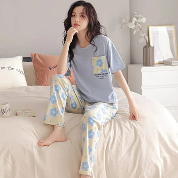 Sky Blue Pocket Flower With Flower Printed Trouser The Ultimate Dream Wear Sleep Suit (OM-93)