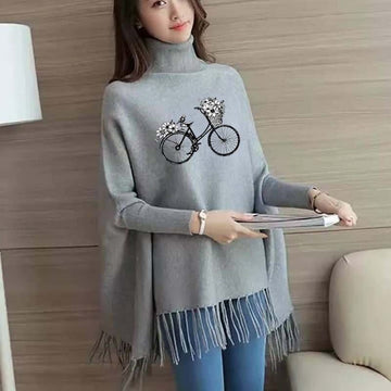 Cycle Flower Bunch Women's Bat-Wing Style Printed Fleece Winter Poncho (OM-812)