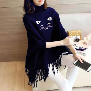 Meow Women's Bat-Wing Style Printed Fleece Winter Poncho (OM-810)