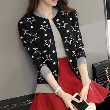 Black Women's Star Printed Zipper Double Fleece Jacket (OM-4002)