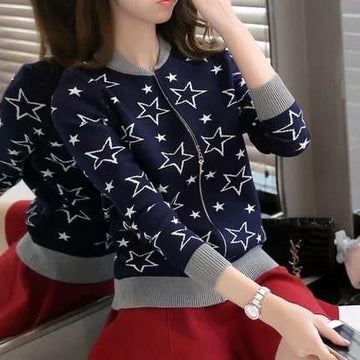 Dark Blue Women's Star Printed Zipper Double Fleece Jacket (OM-4005)