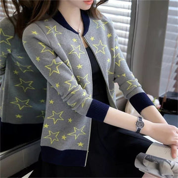 Grey Women's Star Printed Zipper Double Fleece Jacket (OM-4001)