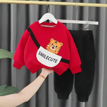 Red Smile Cute Printed Sweatshirt with black trousers Kids track suit Tracksuit For Kids (OM-625)