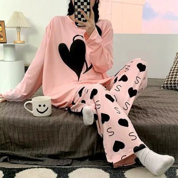 Pink Dual Heart Priinted Full Sleeves The Ultimate Dream Wear Sleep Suit (OM-102)