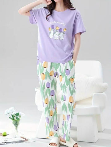 Lilac bunny Printed Half Sleeves Night Suit The Ultimate Dream Wear Sleep Suit (OM-117)
