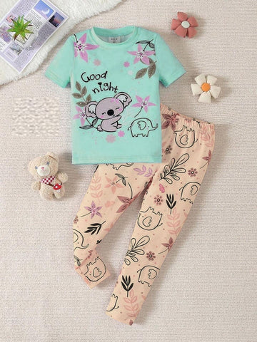 Light Green Good Night Floral Bear Printed Half Sleeves Tshirt with Floral Printed Trouser The Ultimate Kids Sleep Suit (OM-381)