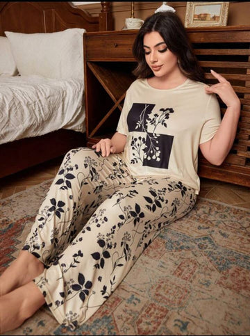 Skin Leaves Printed Half Sleeves T-Shirt with Leaves Printed Trouser Dream Wear Sleep Suit (OM-123)