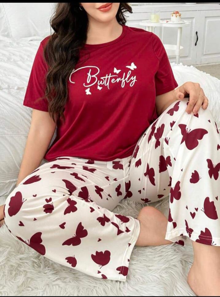 Maroon Butterfly Printed Half Sleeves Tshirt with Butterfly Trouser Dream Wear Sleep Suit (OM-120)