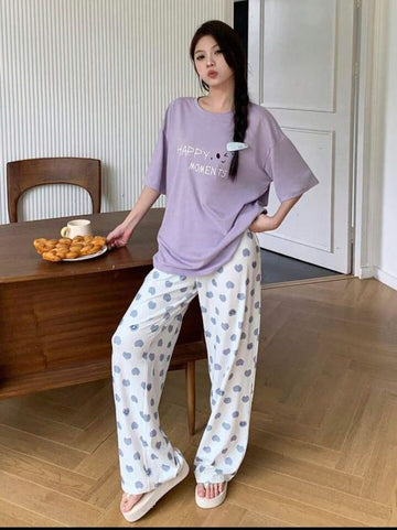 Lilac Happy Moments Printed T.shirt with Hearts Printed Trouser Dream Wear Sleep Suit (OM-125)