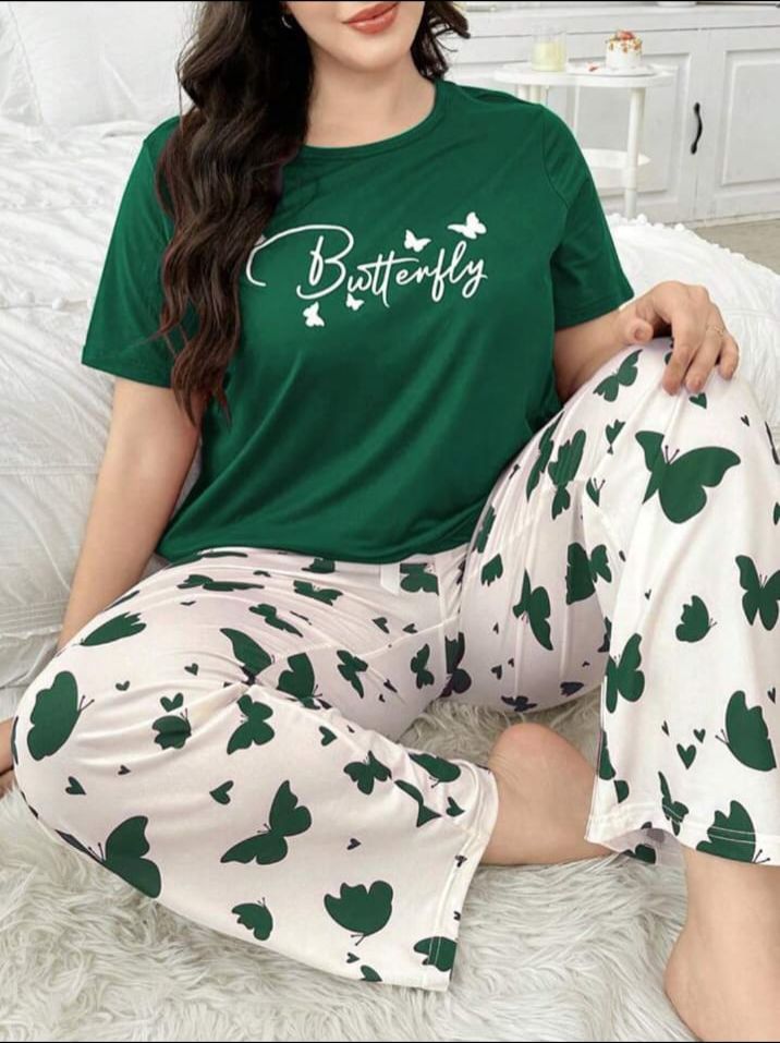 Green Butterfly Printed Half Sleeves Tshirt with Butterfly Trouser Dream Wear Sleep Suit (OM-122)