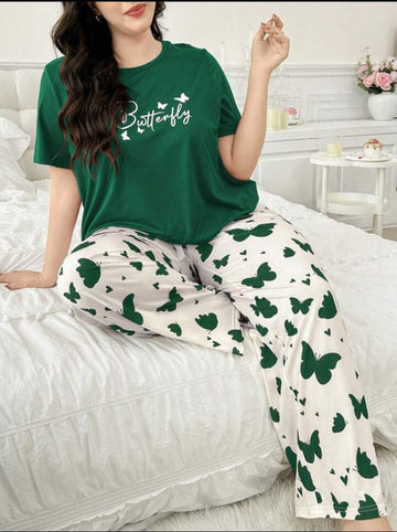 Green Butterfly Printed Half Sleeves Tshirt with Butterfly Trouser Dream Wear Sleep Suit (OM-122)