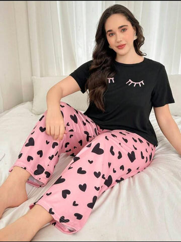 Black Sleepy Eyes Printed T.shirt with Hearts printed trouser Dream Wear Sleep Suit (OM-126)