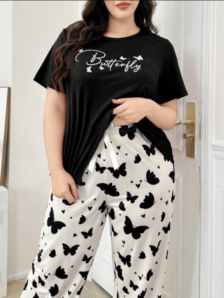 Black Butterfly Printed Half Sleeves Tshirt with Butterfly Trouser Dream Wear Sleep Suit (OM-121)